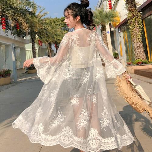 Women Beach Cover Up Beach Dress Chiffon Lace Kimono Cover Up Boho Casual Long Sleeve Cardigan Monokini Bathing Lace Dress