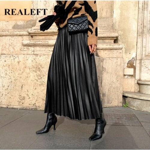 REALEFT Autumn Winter Faux PU Leather Pleated Long Skirts for Women New 2021 High Waist All-match Umbrella Chic Skirts Female