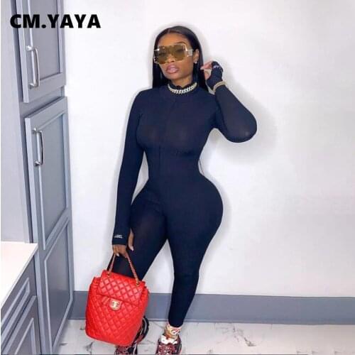 CM.YAYA Women Jumpsuit Solid Full Sleeve O-neck Zipper Skinny Stretchy Pencil Jumpsuits Fashion One Piece Overalls Autumn 2021