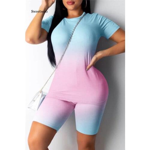 2020 New Sexy Short Two Piece Set Crop Tops and Biker Shorts Gradient Bodycon Matching Sets Summer Sportwear Clothes for Women