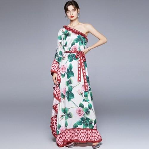 Sexy Holiday Womens Long Dress Summer Fashion One-Shoulder Lace-Up Rose Flower Print Chiffon Ruffles Bawing Sleeve Loose Dress