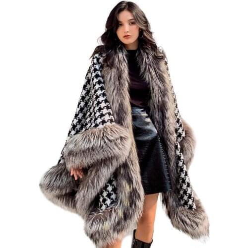 Womens New Wool Poncho Real Silver Fox Shawl Real Fox Fur Cape Collar Cuff Warm Overcoat Winter Autumn Outerwear S3547