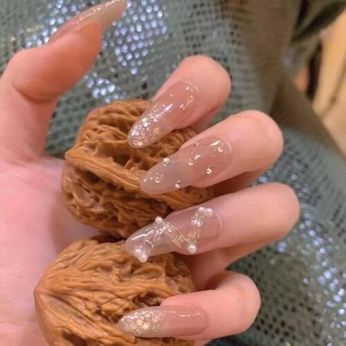 24pcs Pearl Inlaid Nail Patch Shiny Glue Type Removable Long Paragraph Fashion Manicure Save Time False Nail Patch DL