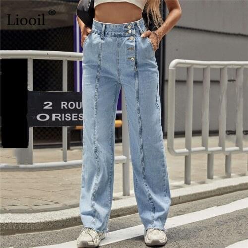 Liooil Asymmetrical Button High Waisted Jeans Streetwear Women Jean Vintage Straight Leg Jeans Washed Blue Denim Trousers 2021