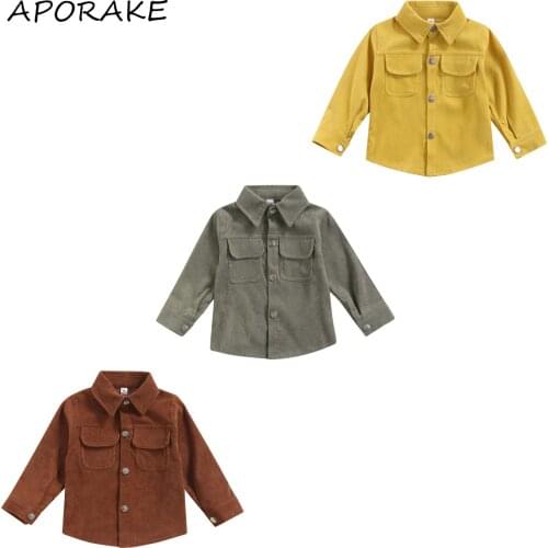 2021 0-4Y Casual Toddler Baby Corduroy Shirt Spring Fall Boys Girls Pockets Solid Color Button Fly Long Sleeve Top Blouse