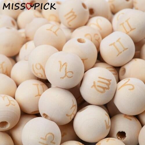 10Pcs 15mm Natural Wood Beads 12 Constellations Pattern Wooden Round Beads for Jewelry Making DIY Handmade Bracelet Accessories