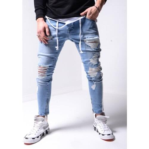 Fashion Side White Stripe Distressed Ripped Stretch Streetwear Denim New Summer Men Slim Fit Knee Holes Hip Hop Skinny Jeans