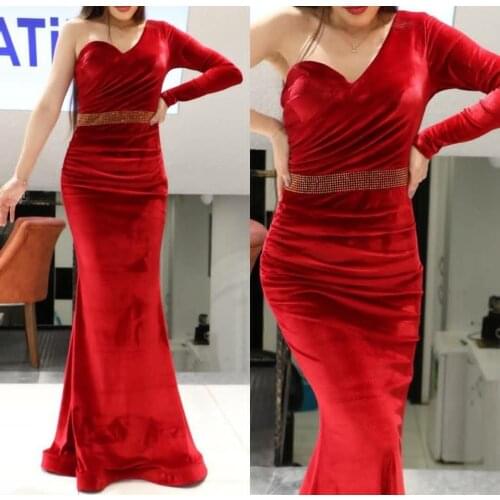 Elegant Long Mermaid One Shoulder Evening Dresses Burgundy Floor Length Zipper Velvet Abendkleider Formal Party Dress for Women
