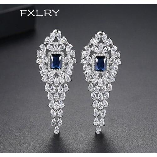 FXLRY Elegant White Color AAA+ Cubic Zircon White Square Geometric Flower Drop Earrings For Bride Fashion Jewelry