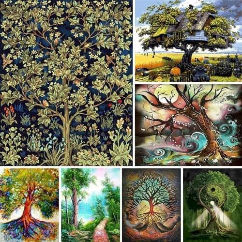 FSBCGT DIY Oil Painting By Numbers Green Tree Landscape Art Pictures By Numbers Drawing On Canvas Home Wall Decor