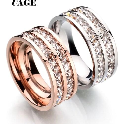 UAGE Top Quality Concise Zircon Wedding stainless steel material Rose Gold Steel color Ring Never Fade Jewelry