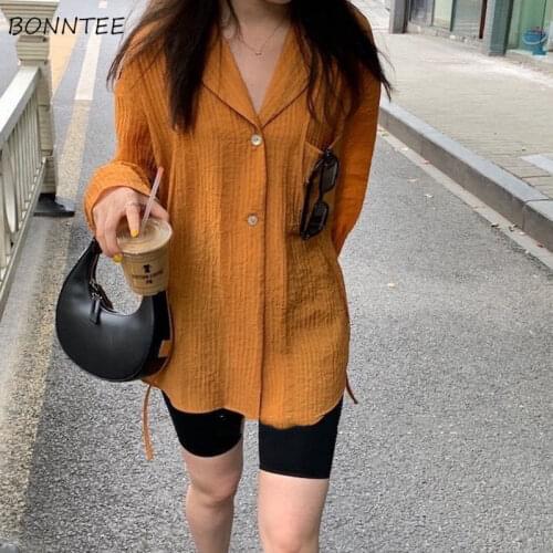 Summer Shirt Womens Vintage Solid Simple Notched Trendy Soft All-match New Female Chic Sun-proof Leisure Single Row Two Buttons