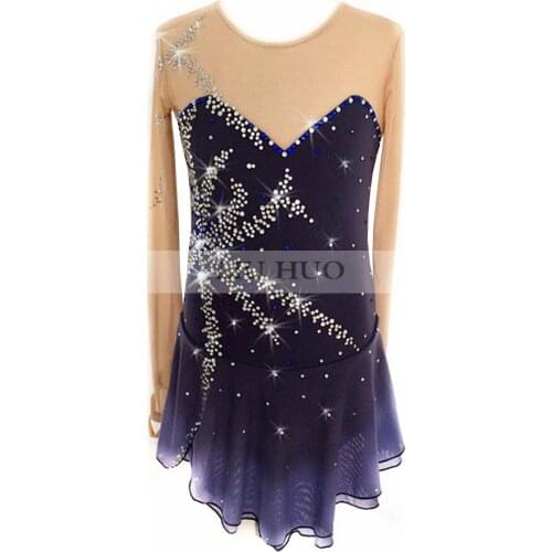 Figure Skating Dress Womens Girls' Ice Skating Dress Grey black collocation Elastic mesh fabric A gradient skirt