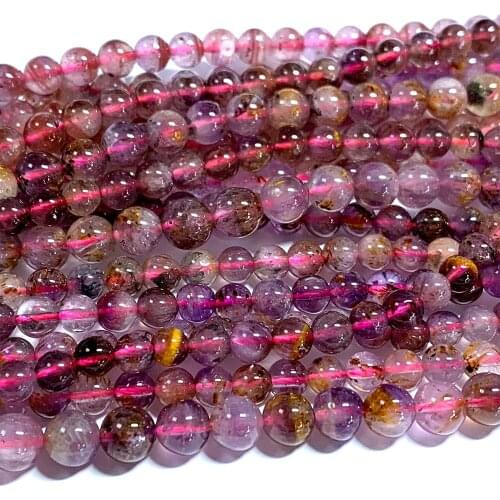 Veemake Natural Genuine Purple Red Yellow Cacoxenite Round Loose Gemstone Beads For Jewelry Making DIY Necklaces Bracelets 07046