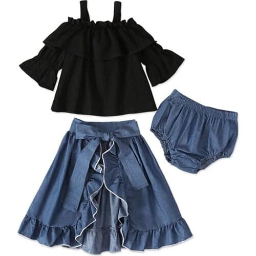 Baby girl clothes Black half sleeve off shoulder Halter Top+Underwear+Blue Split denim skirt with Bow 3 piece suit for 1-5 Years
