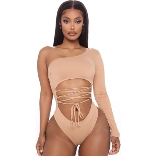 Autumn Ladies Sexy Jumpsuit Women Fashionable Solid Color Sloping Shoulder Long Sleeve Waist Hollow Lace Up Bodysuit