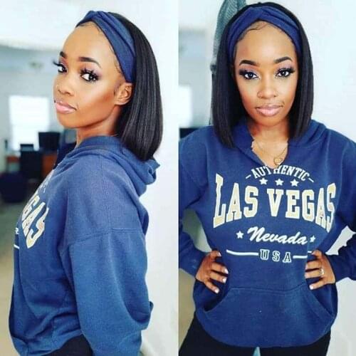 Natural Straight Bob Human Hair Wig 150 Density Full Machine Made Headband Wigs With Colorful Scarf Pre Plucked For Women