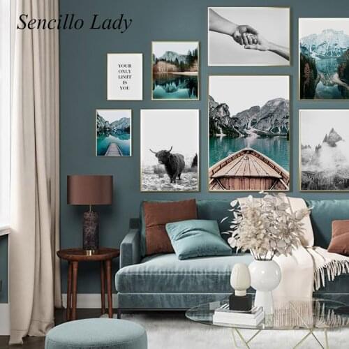 Scandinavian Style Landscape Wall poster Canvas Print Cow Boat Lake Nature Scenery Art Painting Nordic Home Decoration Picture