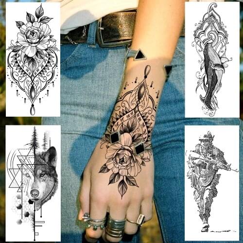 Fake Jewelry Temporary Tattoos Sticker Black Flower Waterproof Wolf Tatoos For Women Men Body Art Hands Legs Tattoos For Holiday