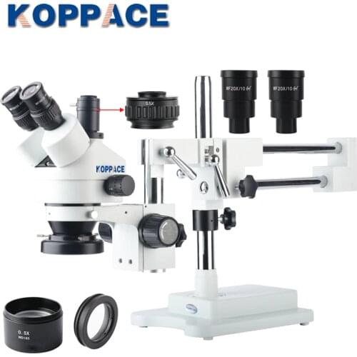 KOPPACE 3.5X-90X Industrial Microscope 0.5XCTV/1X CTV Trinocular Stereo Microscope Dual Arm Bracket WF10X WF20X Eyepiece