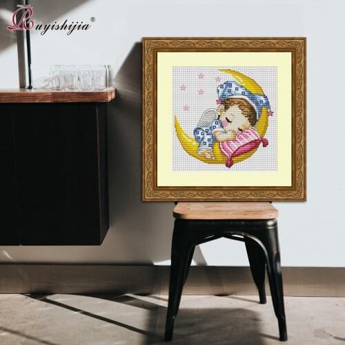 RUYISHIJIA Cross Stitch Kits With Pre-Print Pattern For Beginners Starter Embroidery Pattern Baby Girl Sleeping on the Moon