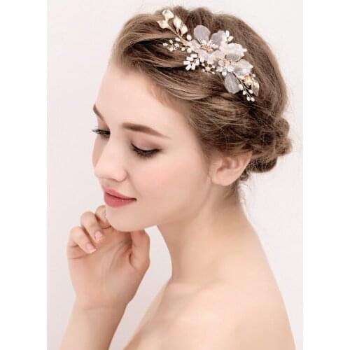 SLBRIDAL Gold Flower Leaf Crystal Freshwater Pearls Wedding Hair Clip Barrette Bridal Headpiece Hair accessories Women Jewelry