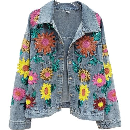 Nowsaa 2021 Women Sequin Denim Jacket Womens Jackets Coats Streetwear Denim Jeans Jacket Outerwear Chaqueta Mujer Ropa De Mujer