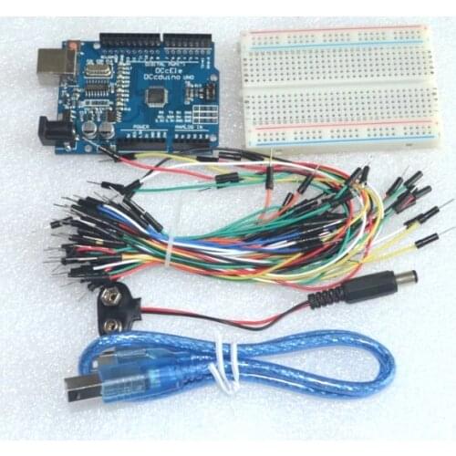 Starter Kit for arduino Uno R3 - Bundle of 5 Items: Uno R3, Breadboard, Jumper Wires, USB Cable and 9V Battery Connector