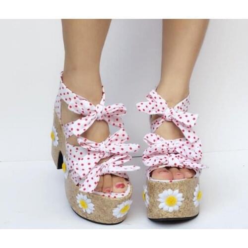 Princess sweet lolita shoes Light luxury single shoes bow ties flowers pastoral flowers light and rough heels women an1478