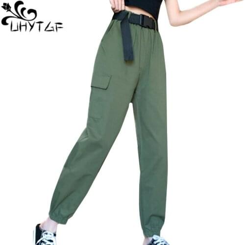 UHYTGF Fashion women summer pants solid color wild high waist casual thin overalls pants Korean loose comfort thin sweatpants977