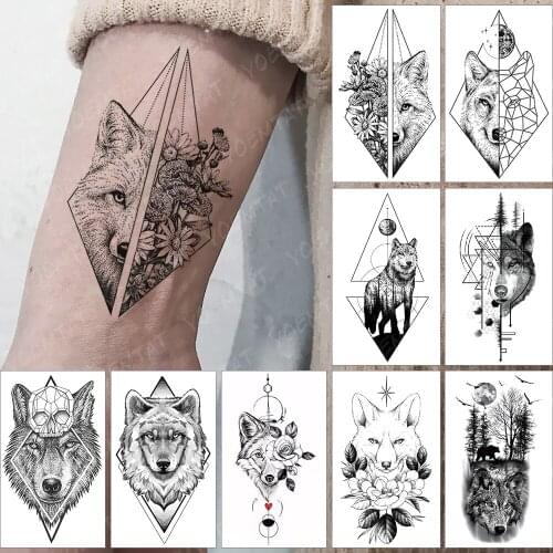 Waterproof Temporary Tattoo Sticker Wolf Totem Flowers Geometry Simple Lines Flash Tatoo Fake Tatto For Body Art Women Men