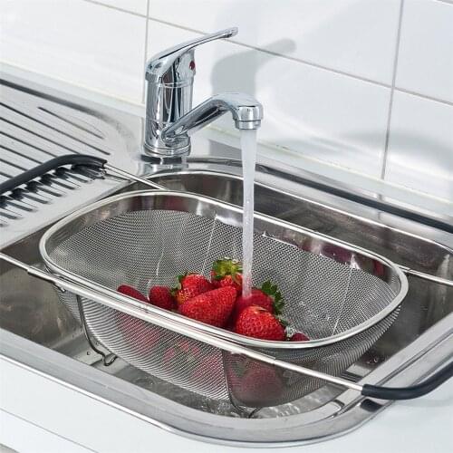 Retractable Drain Basket Rubber Grip Handles Stainless Steel Oval Colander Sink Vegetables Draining Rack