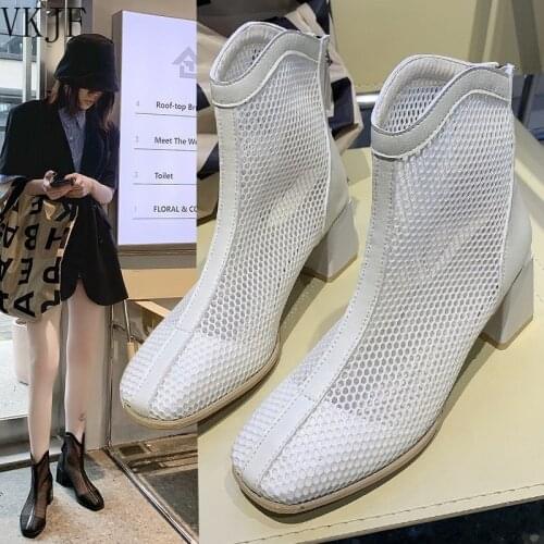 Brand Designer 2021 Summer Hot Fashion Heel Short Boots Black White Women Ankle Boots Zipper Breathable