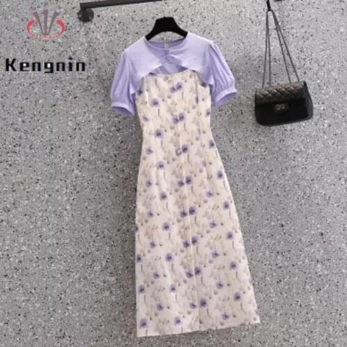 Loose Oversized Women Sets 2021 Summer Print Strap Dress + O-Neck Suncreen Short Style Shirts Two Piece Sets Ladies Suits KE1666