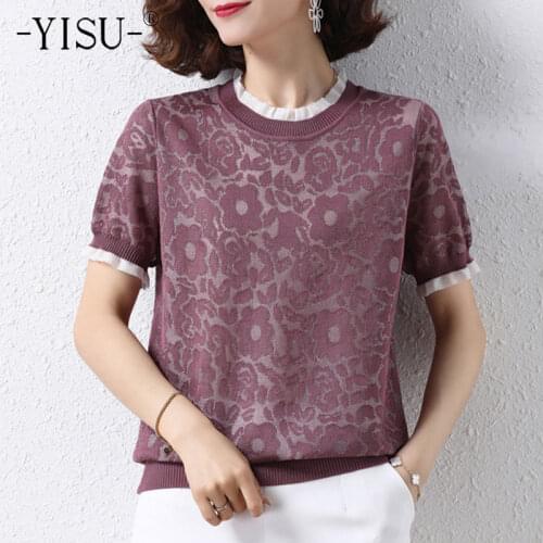 YISU Women Simple Pullover Summer V-Neck Lace pattern Solid color Knitted pullover 2021 Female Casual Short sleeve Thin T-shirt
