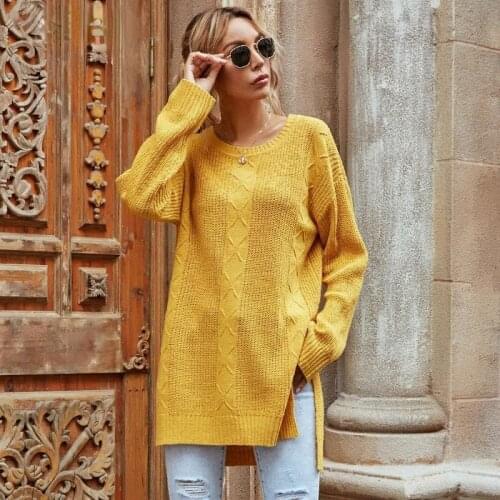 Womens Loose Knitted Sweaters Autumn 2020 New Side Split Long Yellow Jumpers O Neck Warm Pullovers for Ladies Fashion Clothes