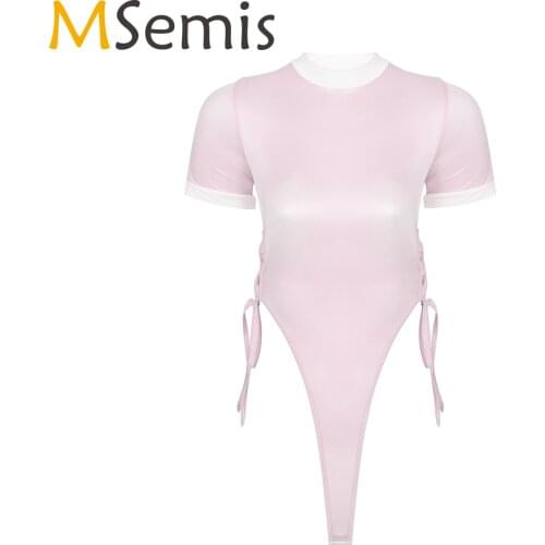 Women Mock Neck Lace-up Sexy Bodysuit Female Skinny Short Sleeve Jumpsuits Sissy Clubwear Exotic Lingerie Costume for Stage Show