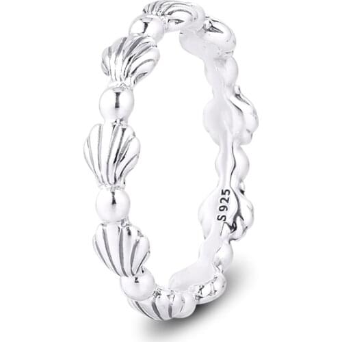 Genuine 925 Sterling Silver Rings for Women Beaded Seashell Band Ring Wedding Engagement Party Gift Summer Charms anillos