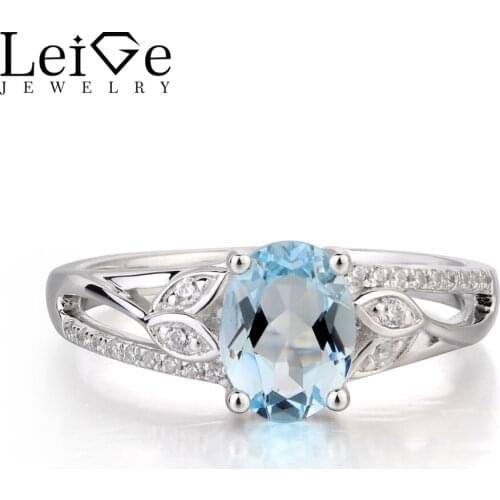Leige Jewelry Promise Ring Natural Aquamarine Ring March Birthstone Oval Cut Blue Gemstone 925 Sterling Silver Gifts for Women