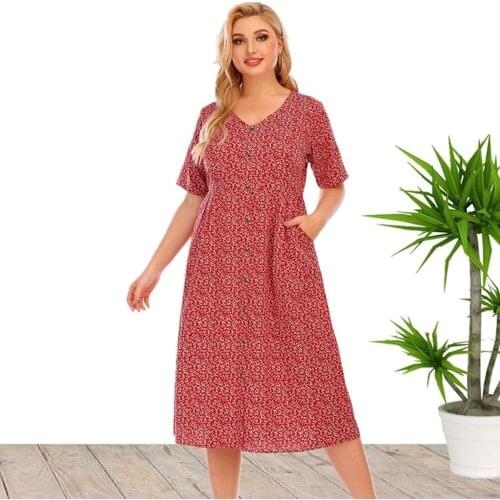 2021 Ladies New Summer Hot Sale European And American Style Plus Size V-Neck Short Sleeve Printed Dress For Women