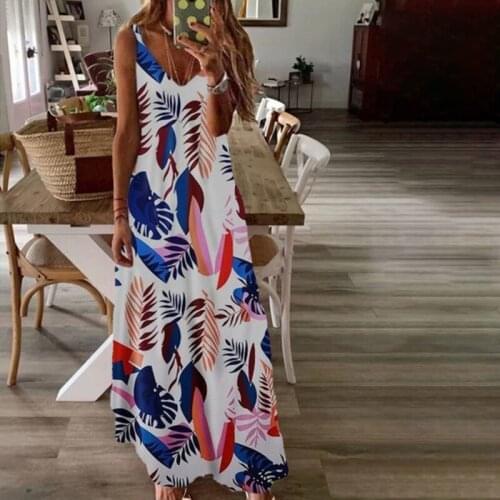 Boho Dress Summer Women Casual Style Sling Floral Long Dresses V-Neck Sleeveless Beach Floral Print Maxi Dress Casual Sundress