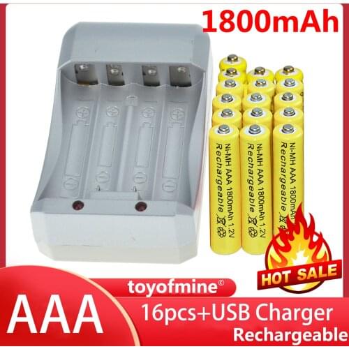 16x AAA 1800mAh 1.2V Ni-MH Rechargeable Battery Batteries cells for toys Yellow for Toys Camera + Charger US Plug