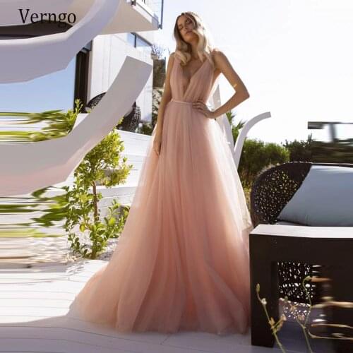 Verngo Beach Wedding Dress 2020 Blush Pink Tulle V Neck Boho Bride Gowns Simple A Line Long Train Wedding Party Dress Plus Size