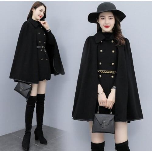 Double Breasted Mid-Length Loose Wool Jacket Womens Cape Poncho Korean Winter Coat Wool Turn Down Collar Fashion Outerwear