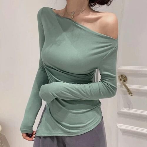 GGRIGHT Off Shoulder Tshirt Woman Backless Sexy T Shirt Women T-Shirt Long Sleeve Korean Style Slim Elasticity Womens Clothing