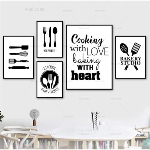 Canvas Painting Black White Cooking with Love Kitchen Quote Wall Art Prints Posters Kitchen Dining Room Decoration