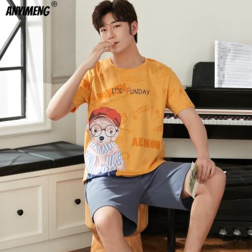 100% Cotton Male Nightwear Leisure Crew Neck Cartoon Printing Short Sleeve Short Pants Fashion Man Clothes Summer Pijama Set New