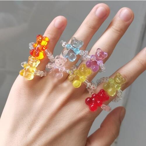 Vedawas Korean Cute Gummy Bear Rings for Women Kids Trendy Romantic Acrylic Resin Beads Elastic Transparent Rings Finger Jewelry