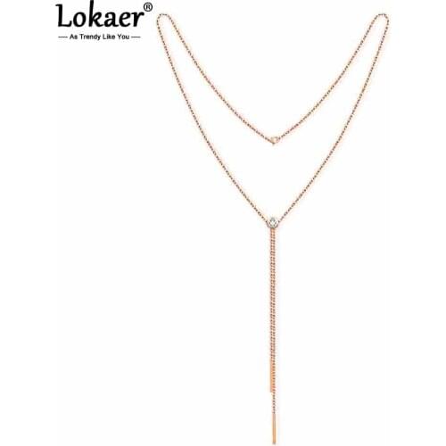 Lokaer Fashion Long Stainless Steel Pendants Necklaces Jewelry For Women Rose Gold CZ Crystal Sweater Chain Necklace N17070