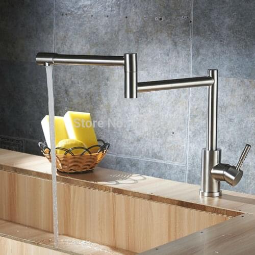 Brushed Stainless Steel Pot Filler Faucet Lead Free with Dual Joint Swing Arm and Aerator Surface Deck Mount Kitchen Mixer Tap